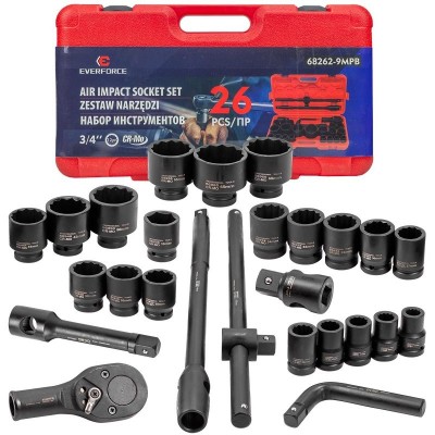 Ударно гедоре 12-стенно 26 части EVERFORCE (3/4"-1", 17-65 mm) Ударно гедоре 12-стенно 26 части EVERFORCE (3/4"-1", 17-65 mm)