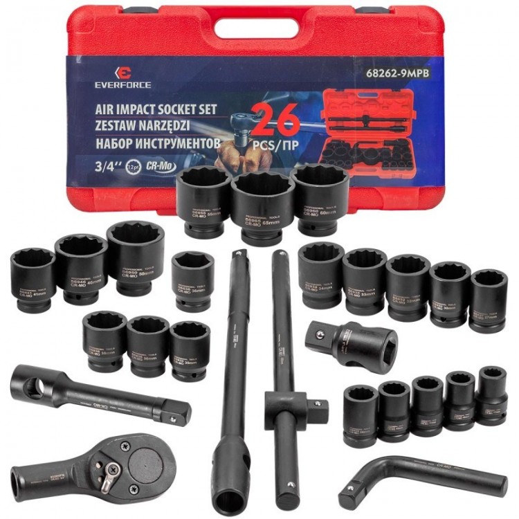 Ударно гедоре 12-стенно 26 части EVERFORCE (3/4"-1", 17-65 mm) Ударно гедоре 12-стенно 26 части EVERFORCE (3/4"-1", 17-65 mm)