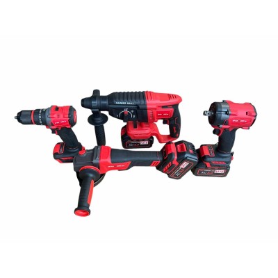 ПРОМО ПАКЕТ Акумулаторни перфоратор, ъглошлайф, гайковерт и винтоверт 4в1 КрафТРоял BG Red