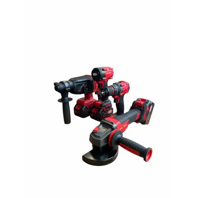 ПРОМО ПАКЕТ Акумулаторни перфоратор, ъглошлайф, гайковерт и винтоверт 4в1 КрафТРоял BG Red