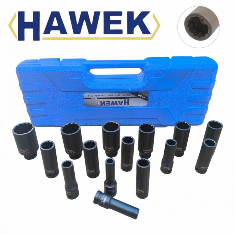 Комплект удължени ударни вложки 1/2" 12-стенни 15 части HAWEK