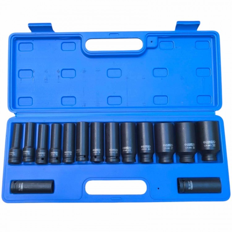 Комплект удължени ударни вложки 1/2" 12-стенни 15 части HAWEK