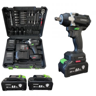 Комплект ударен гайковерт-винтоверт 36V 8Ah STAHLMAYER + 40 броя инструменти