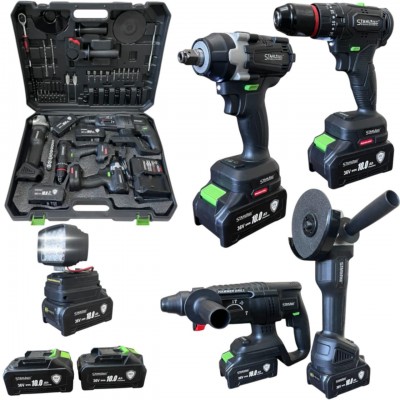 ПРОМО ПАКЕТ Акумулаторни гайковерт, винтоверт, ъглошлайф, перфоратор и LED лампа 5в1 36V 10Ah STAHLMAYER + инструменти