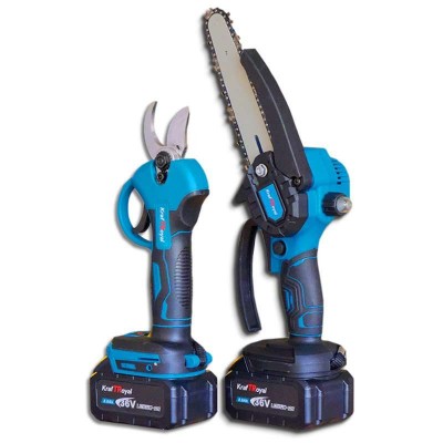 ПРОМО ПАКЕТ Акумулаторни лозарска ножица и трион с автоматично омасляване 36V 8Ah KRAFTROYAL