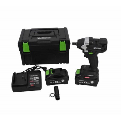 ПРОМО ПАКЕТ Акумулаторен ударен комбиниран гайковерт и безчетков ъглошлайф STAHLMAYER + 4 батерии и 2 зарядни устройства