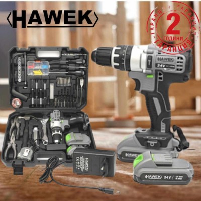 Комплект акумулаторен винтоверт 24 V + 111 броя инструменти HAWEK