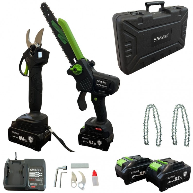 Комплект Акумулаторна Лозарска Ножица и Акумулаторен Трион StahlMayer 36V 10AH, LCD дисплей 