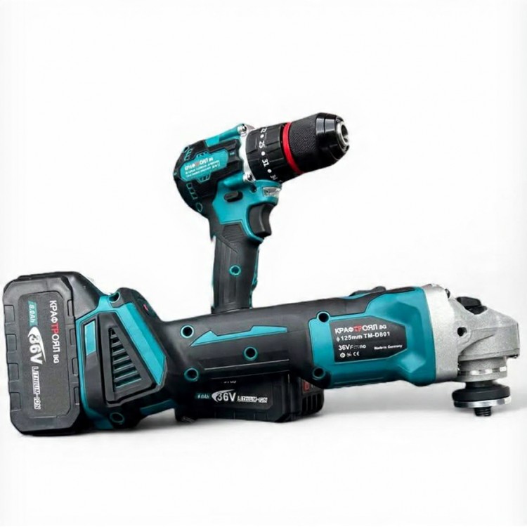 Комплект от акумулаторен ъглошлайф и винтоверт KraftRoyal 36V 8Ah