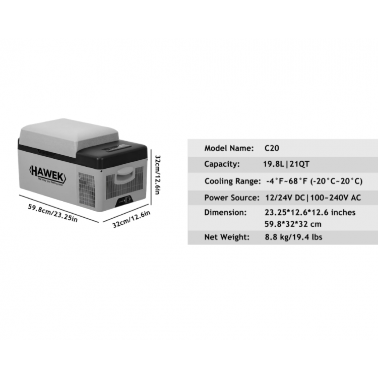 Портативен компресорен хладилник HAWEK С20 20L – 12V / 24V / 220V  