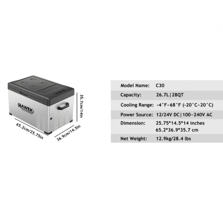 Портативен компресорен хладилник HAWEK С30 30L – 12V / 24V / 220V 
