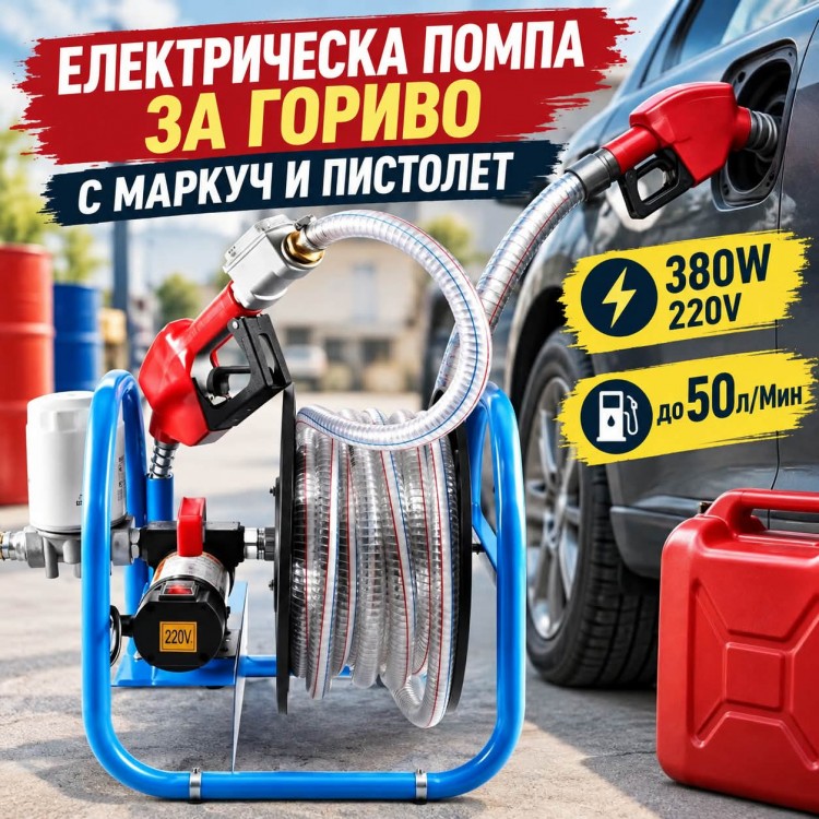 Електрическа помпа за гориво 380 W – 220 V, до 50 л/мин, с маркуч и пистолет Електрическа помпа за гориво 380 W – 220 V, до 50 л/мин, с маркуч и пистолет